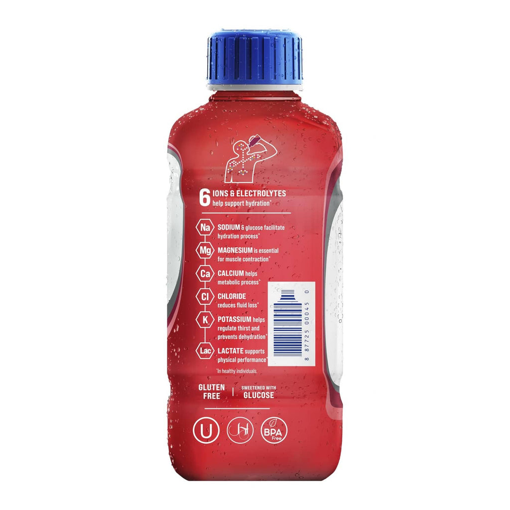 Electrolyte fruit punch bottle back panel listing 6 ions and electrolytes