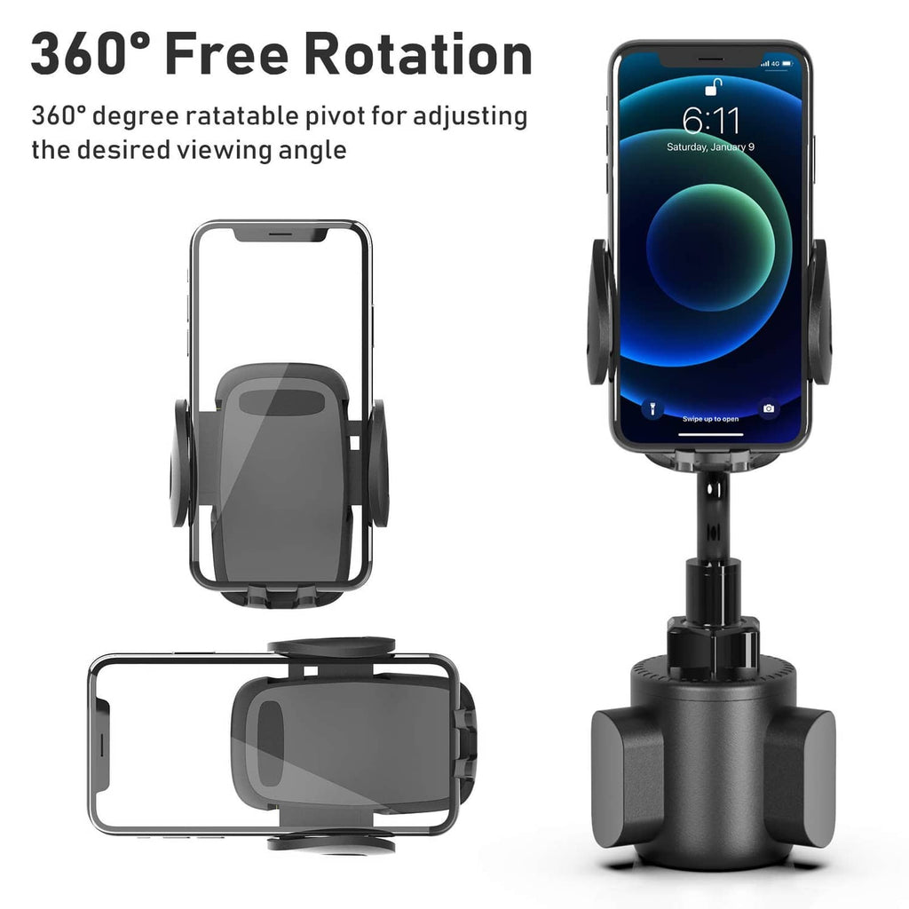 Black 360-degree rotating phone mount with cradle and adjustable swivel arms