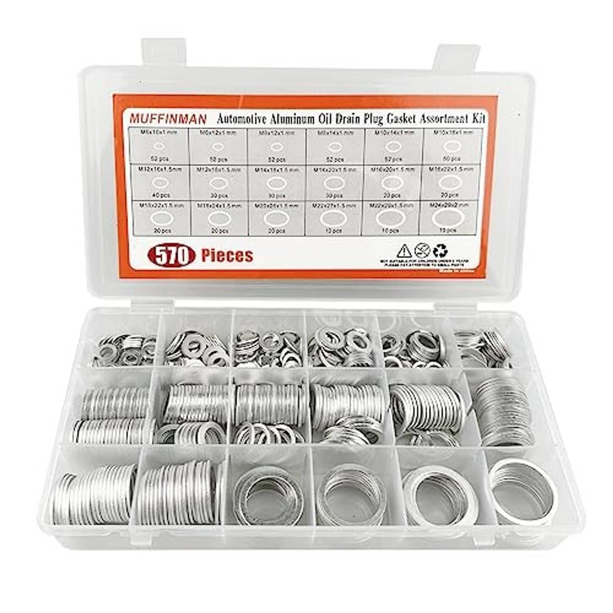 Oil drain plug gasket assortment kit, clear case with mixed silver aluminum washers and 570pcs