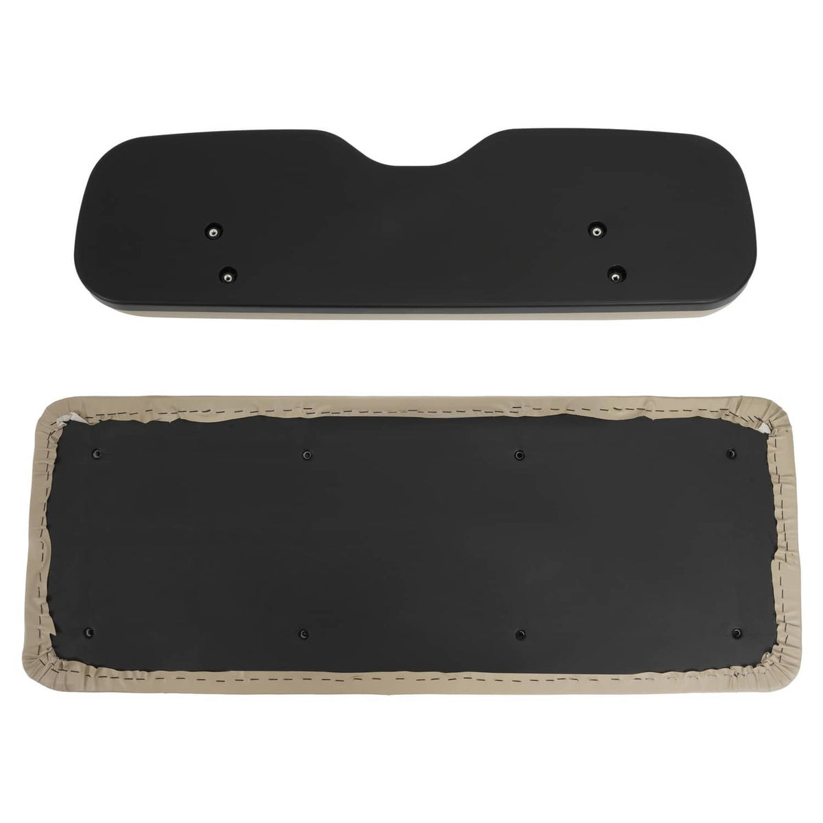 Black golf cart seat cushion with tan stitched underside and four mounting holes