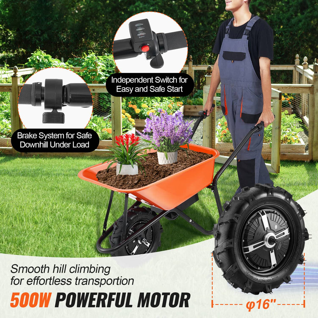 Orange electric one-wheel wheelbarrow cart with thick black tires and upright handles