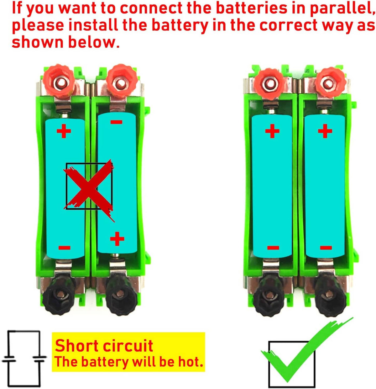 Series battery module showing polarity terminals with short-circuit warning graphic
