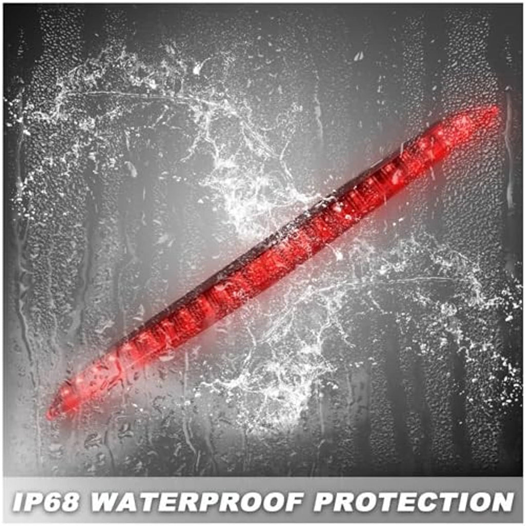 Red LED third brake light strip in water droplets, rain-protected appearance