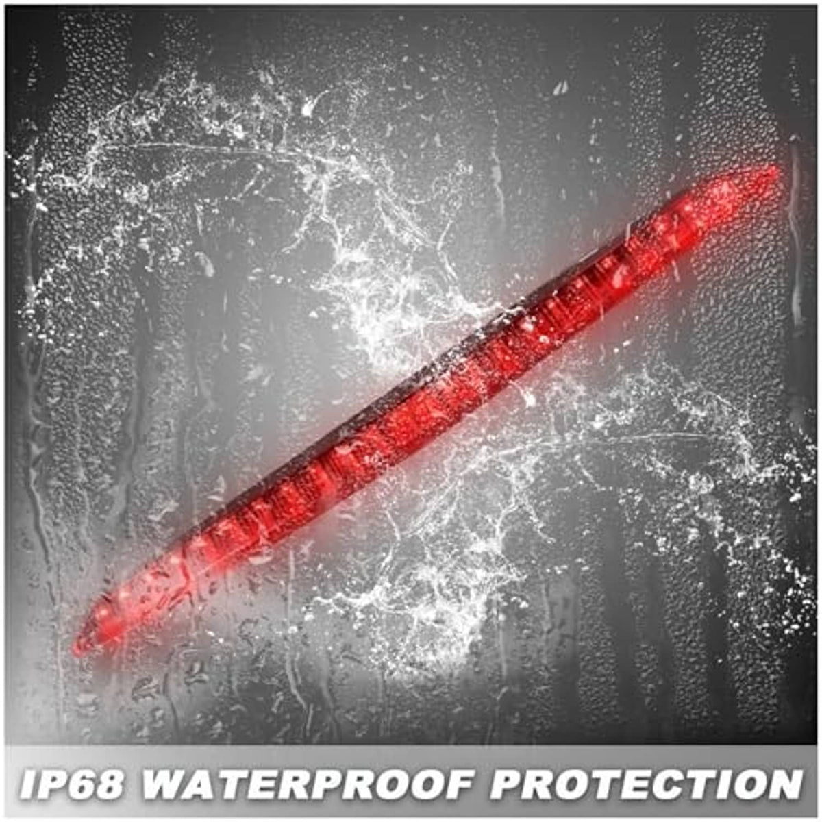 Red LED third brake light strip in water droplets, rain-protected appearance