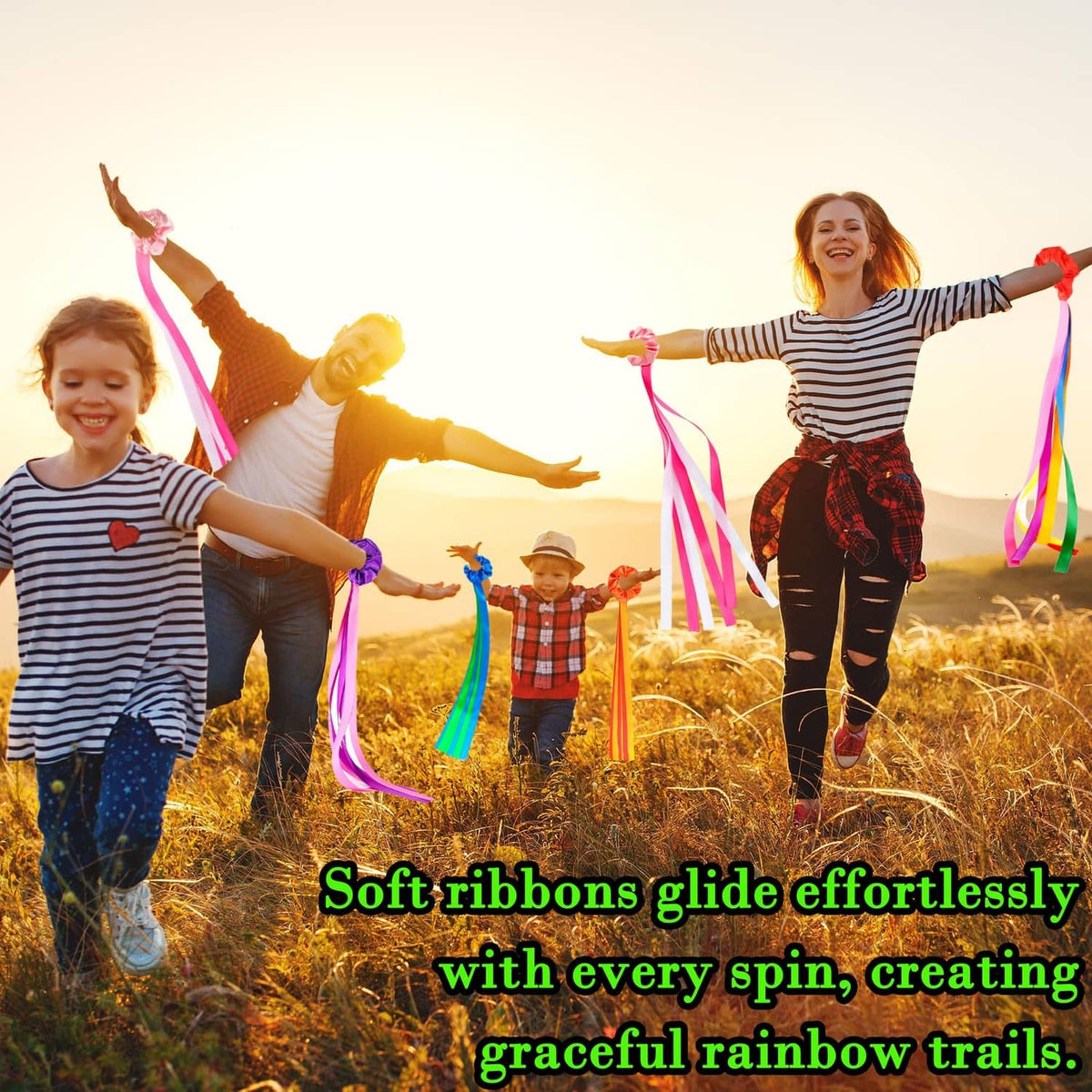 Rainbow ribbon streamer set, multicolor ribbon streamers held up by children outdoors