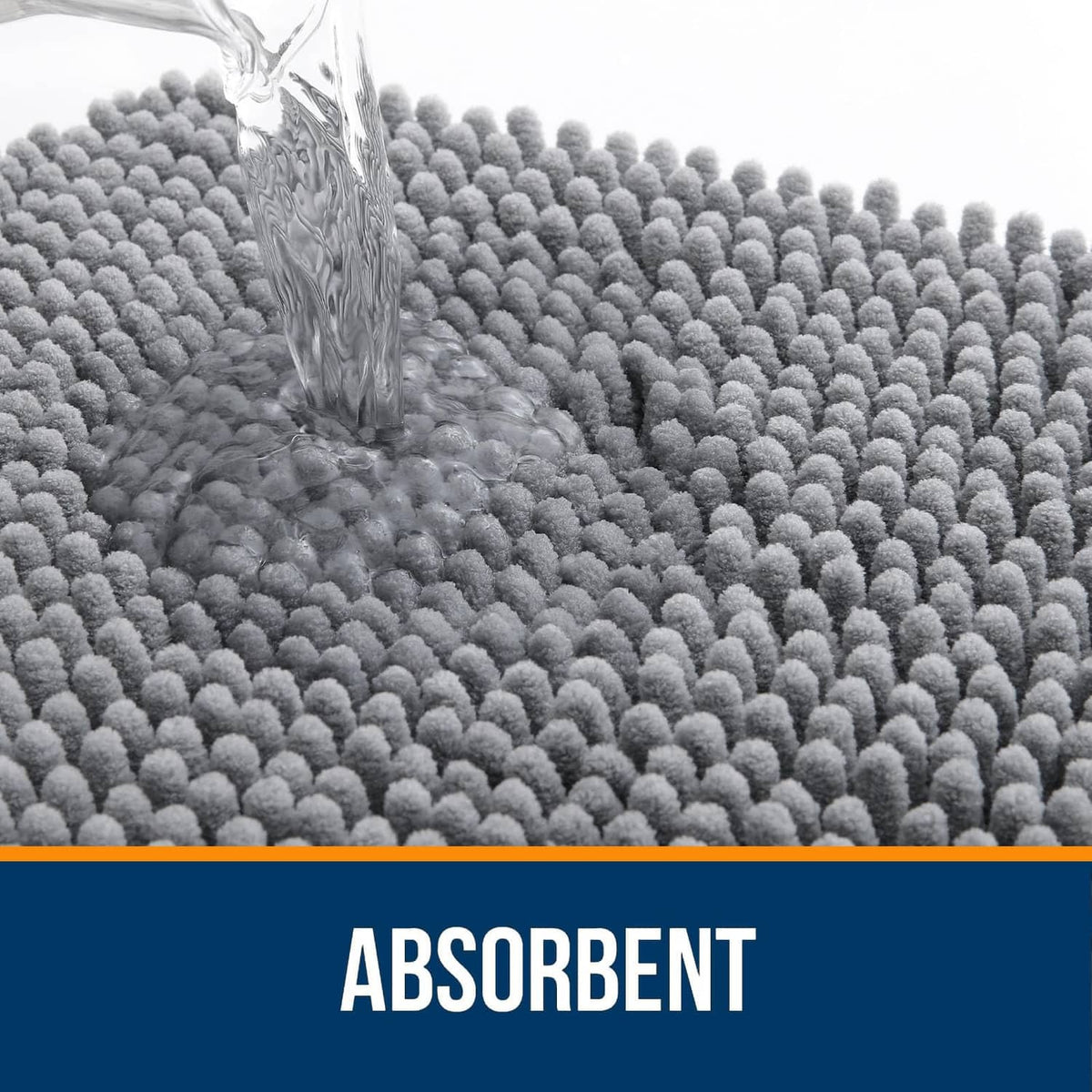 Grey chenille bathroom rug with water splashing on plush surface