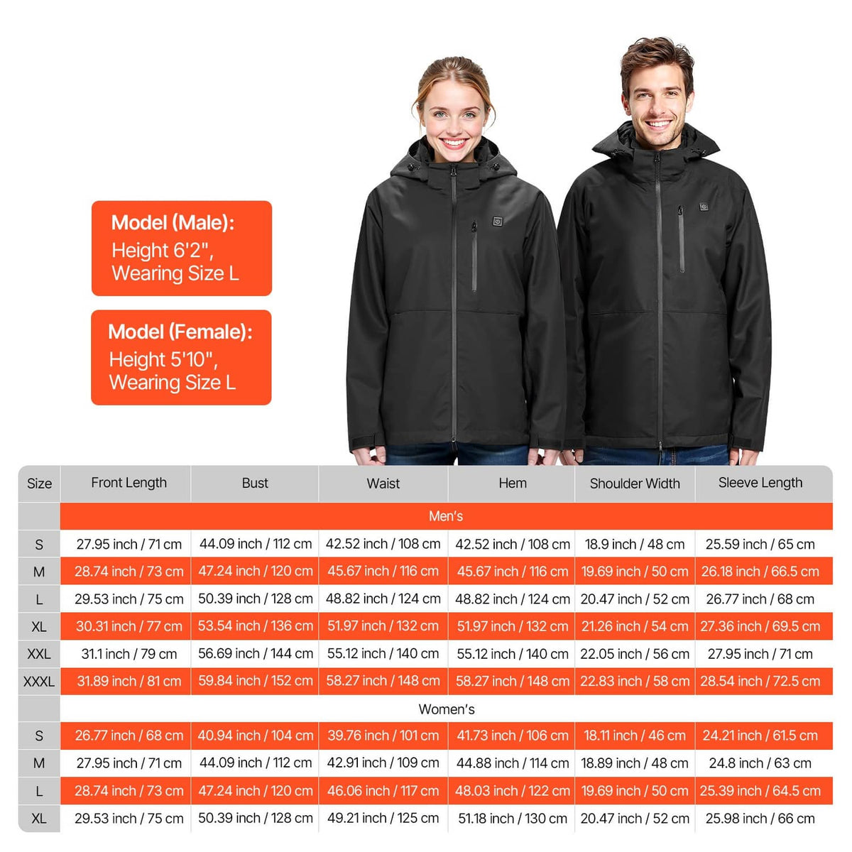 Black hooded heated jacket on male and female models, with sizing chart panel