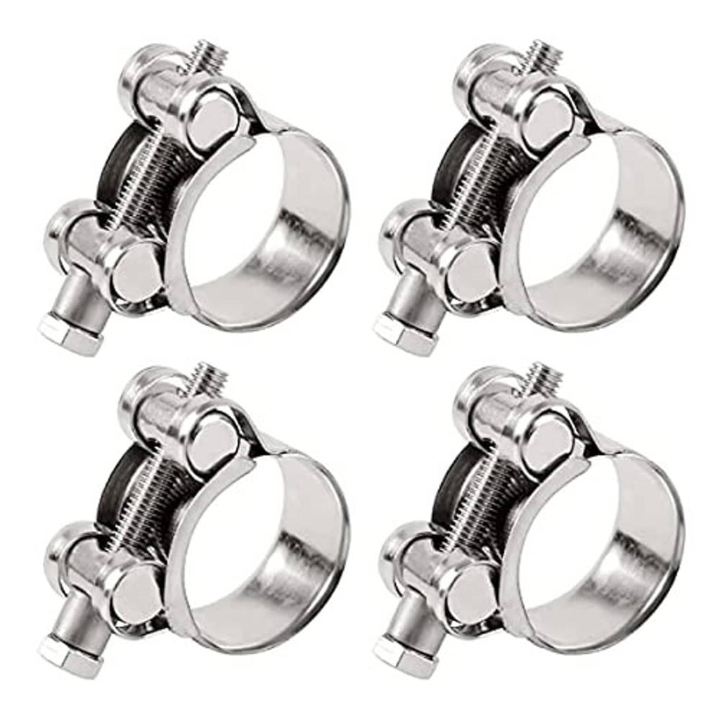 Stainless steel T-bolt hose clamp set, two views of band and threaded screw