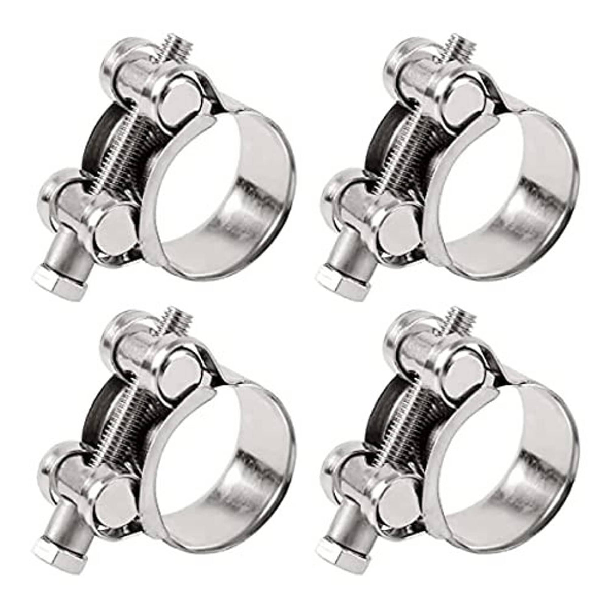 Stainless steel T-bolt hose clamp set, two views of band and threaded screw