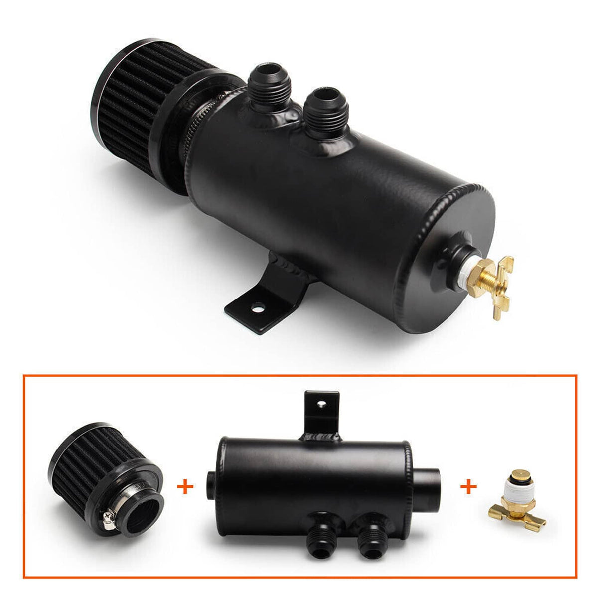 Black oil catch can tank with foam filter, mounting bracket, and two port fittings