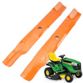Set of 2 orange 42-inch mower deck blades with mounting hole cutouts