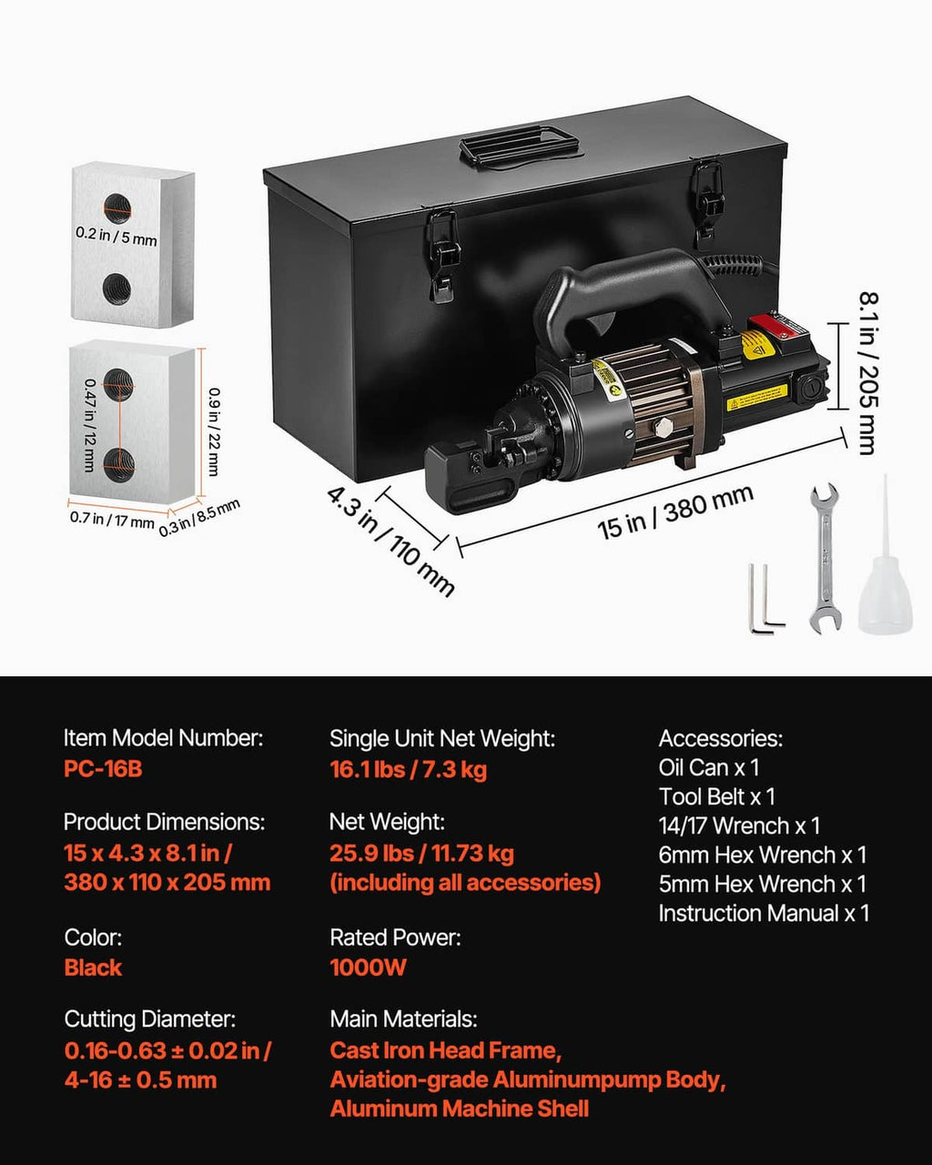 Electric hydraulic rebar cutter with included hex tool and funnel accessory
