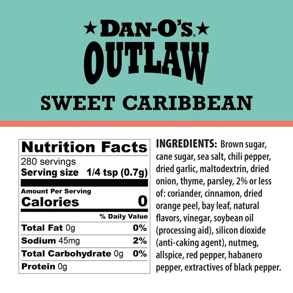 Dan-O's Outlaw Sweet Caribbean seasoning label with nutrition facts and ingredients list