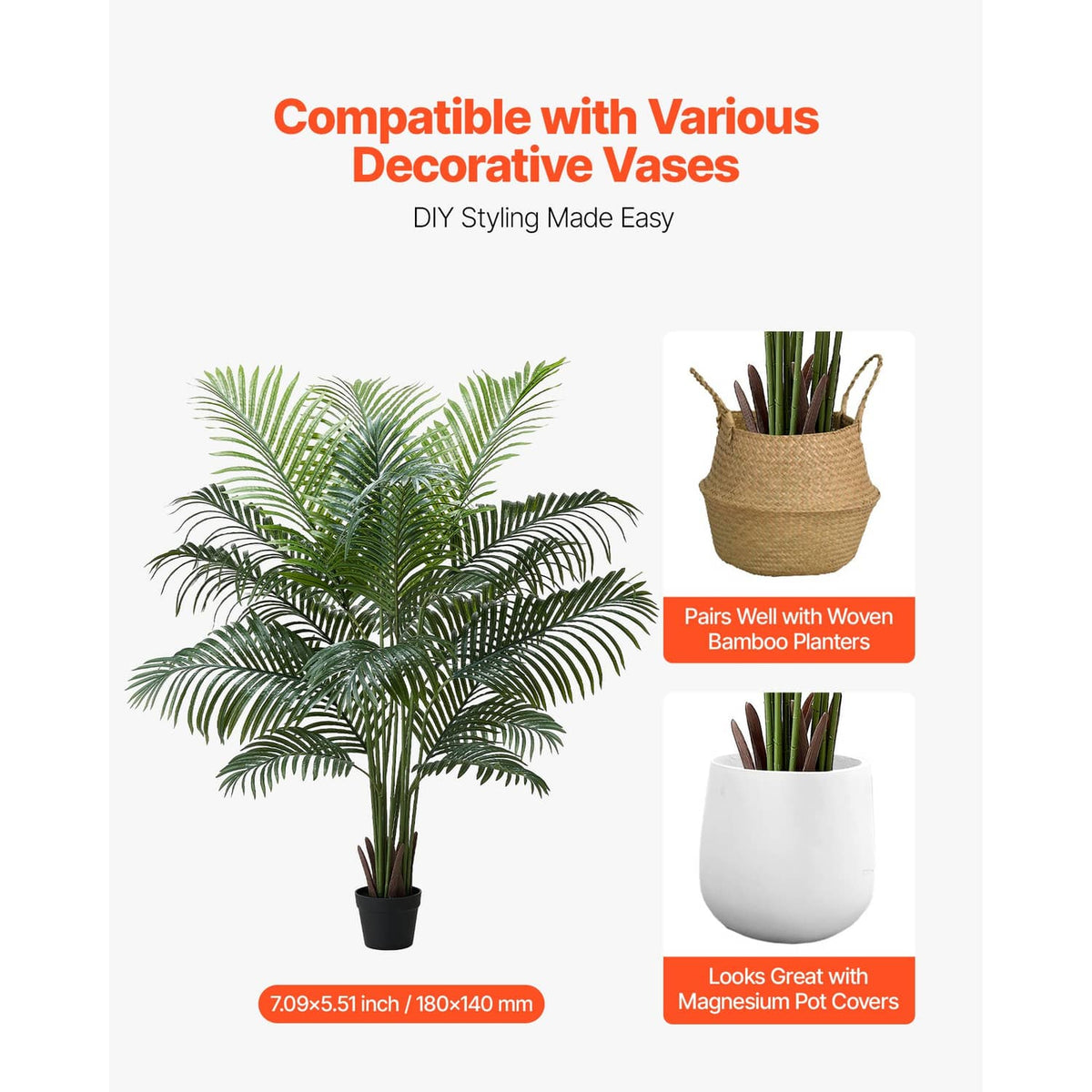 Artificial areca palm tree with green fronds in a white pot, compatible with planters