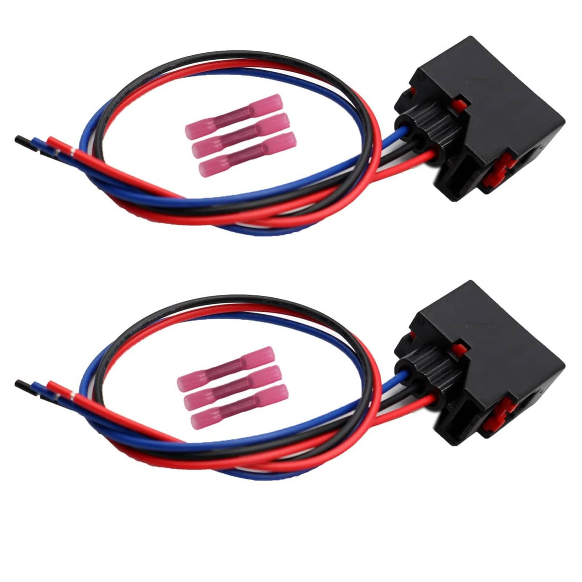 2-pack 3-pin tail lamp connector pigtails, black plugs with blue/red wires and pink heatshrink