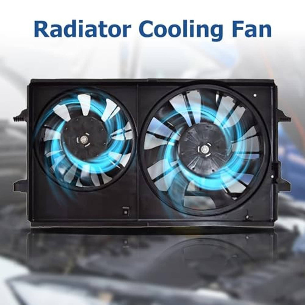 Black radiator cooling fan assembly with dual fans and visible blue blade motion effect
