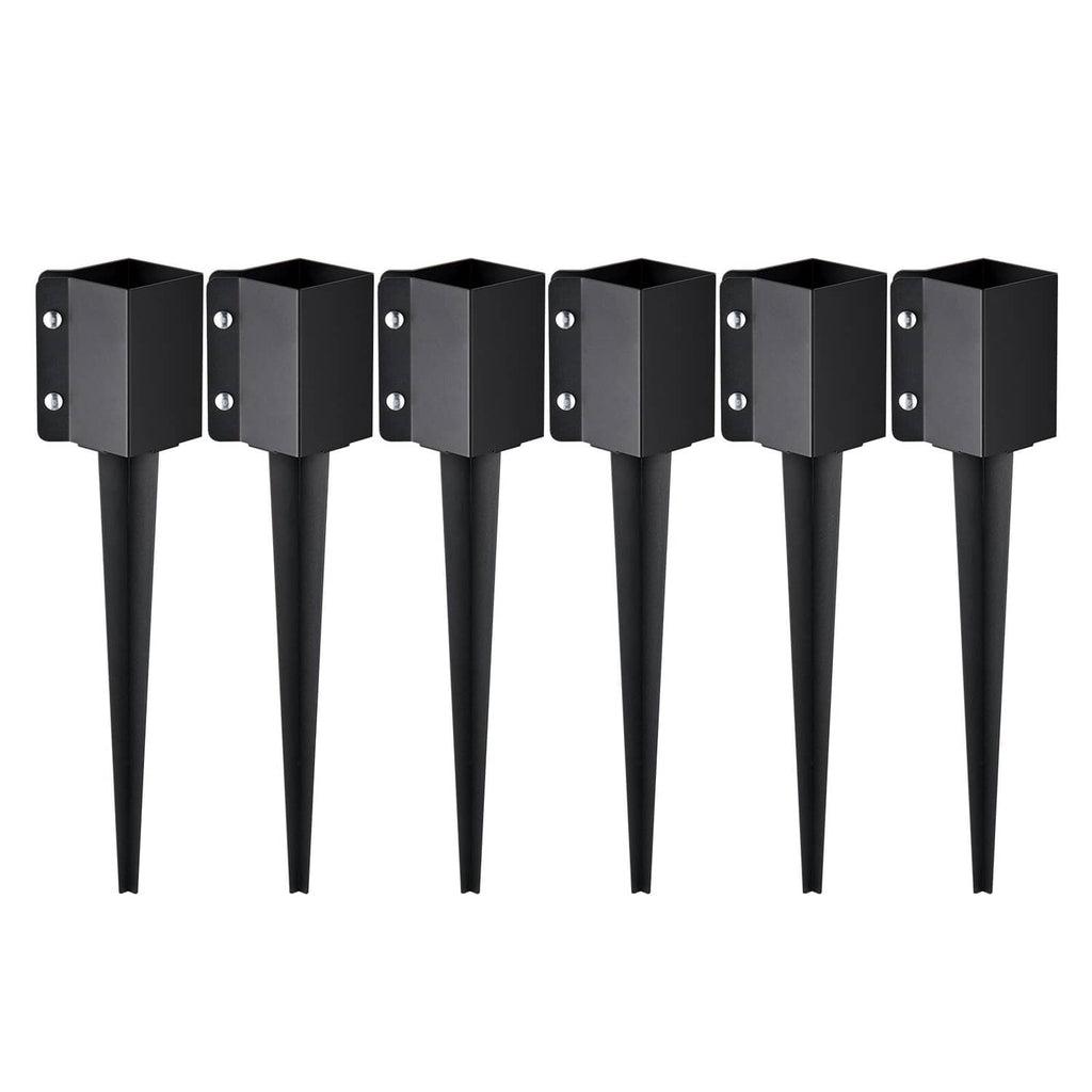 Six-pack black metal fence post ground spikes with square anchor brackets