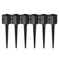 Six-pack black metal fence post ground spikes with square anchor brackets
