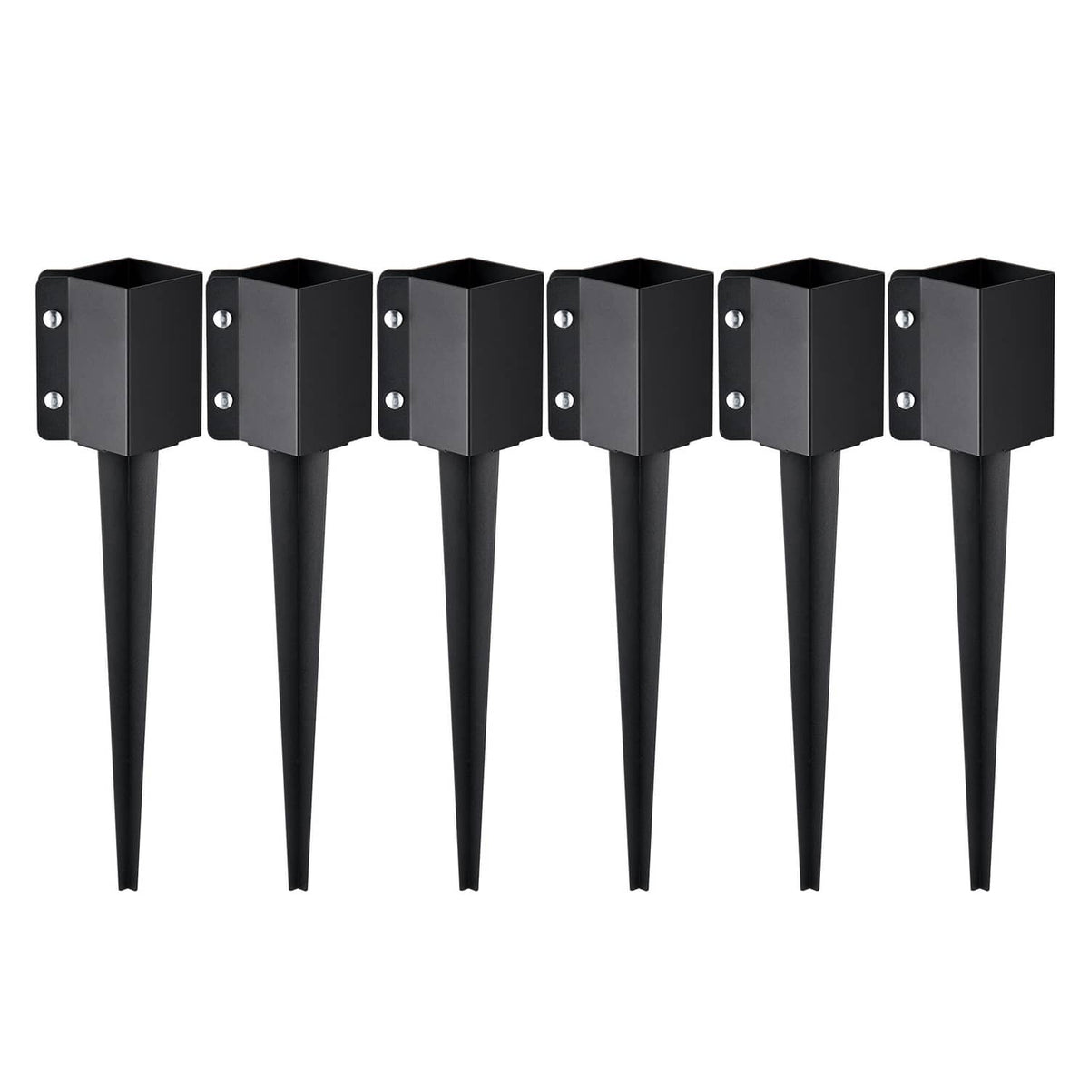 Six-pack black metal fence post ground spikes with square anchor brackets