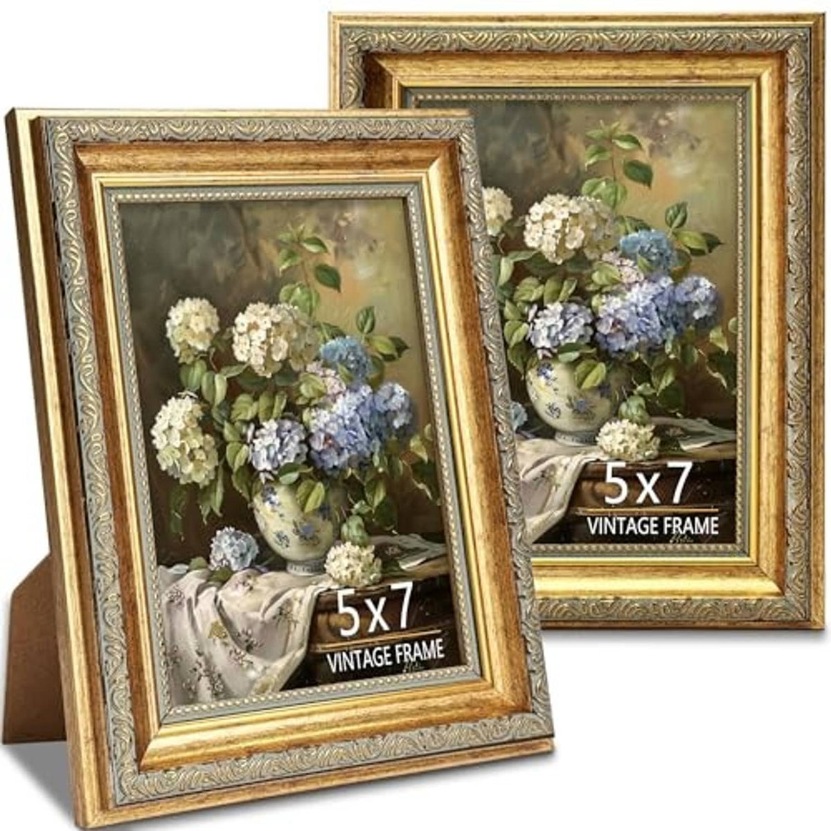 Two 5x7 ornate gold picture frames with clear glass, angled display