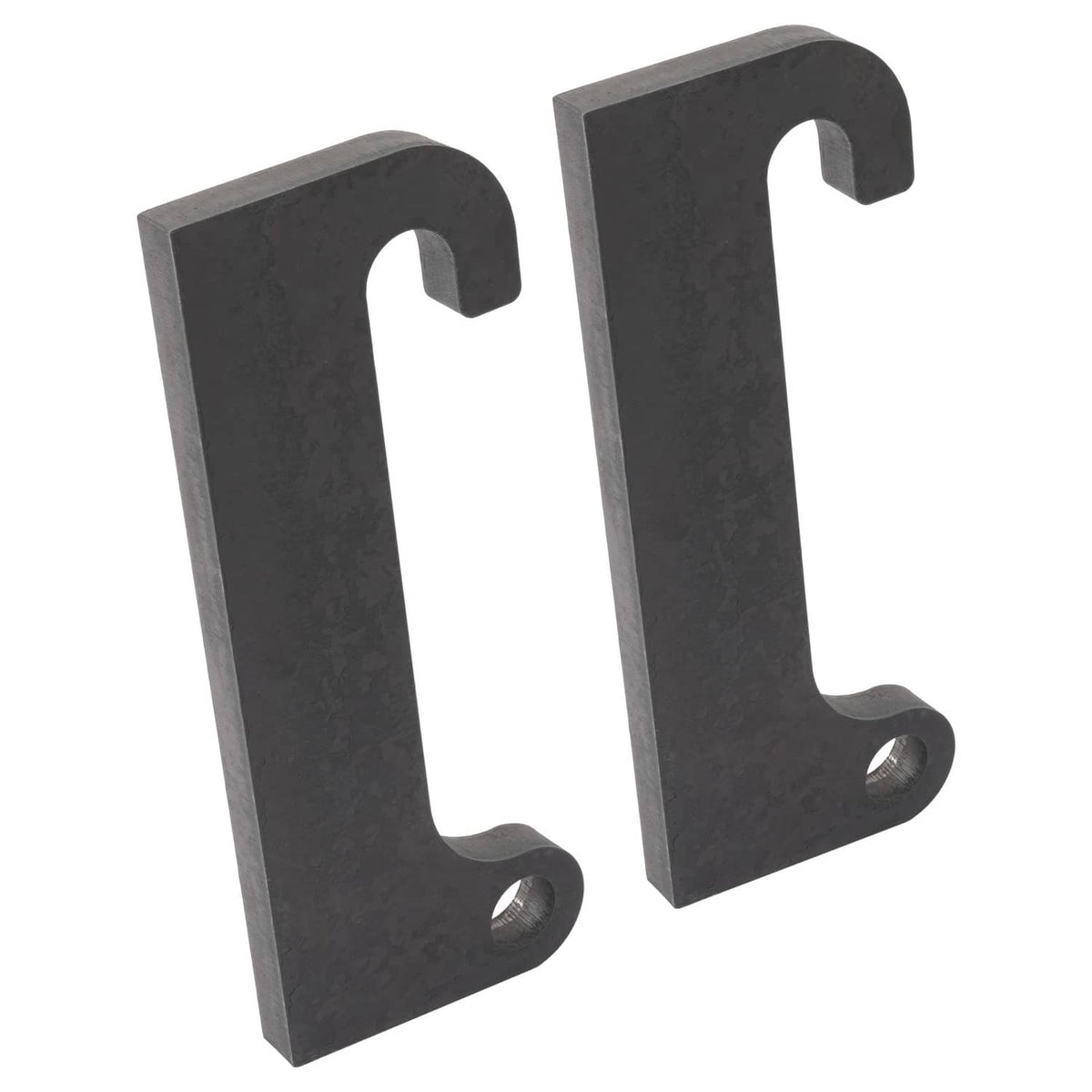 Steel quick-attach loader mount bracket pair, dark finish, curved ends and bolt holes