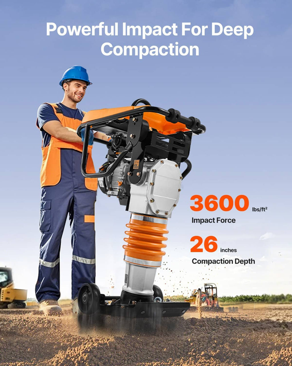 Gas powered jumping jack tamper compactor with orange top housing and gray engine