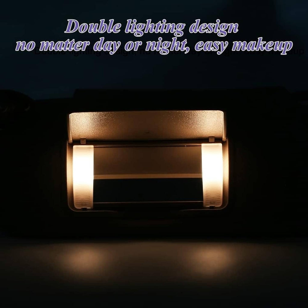 Beige tan sun visor vanity mirror light with double-lit lamp panel at night