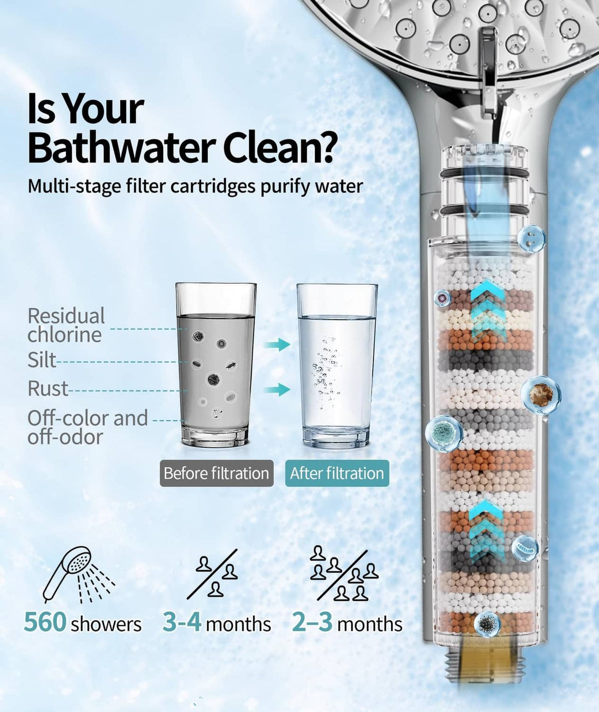 Filtered showerhead with clear cartridge and internal filter media for water purification
