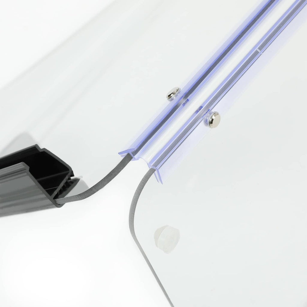 Close-up of clear windshield and purple strut frame with fasteners and bracket