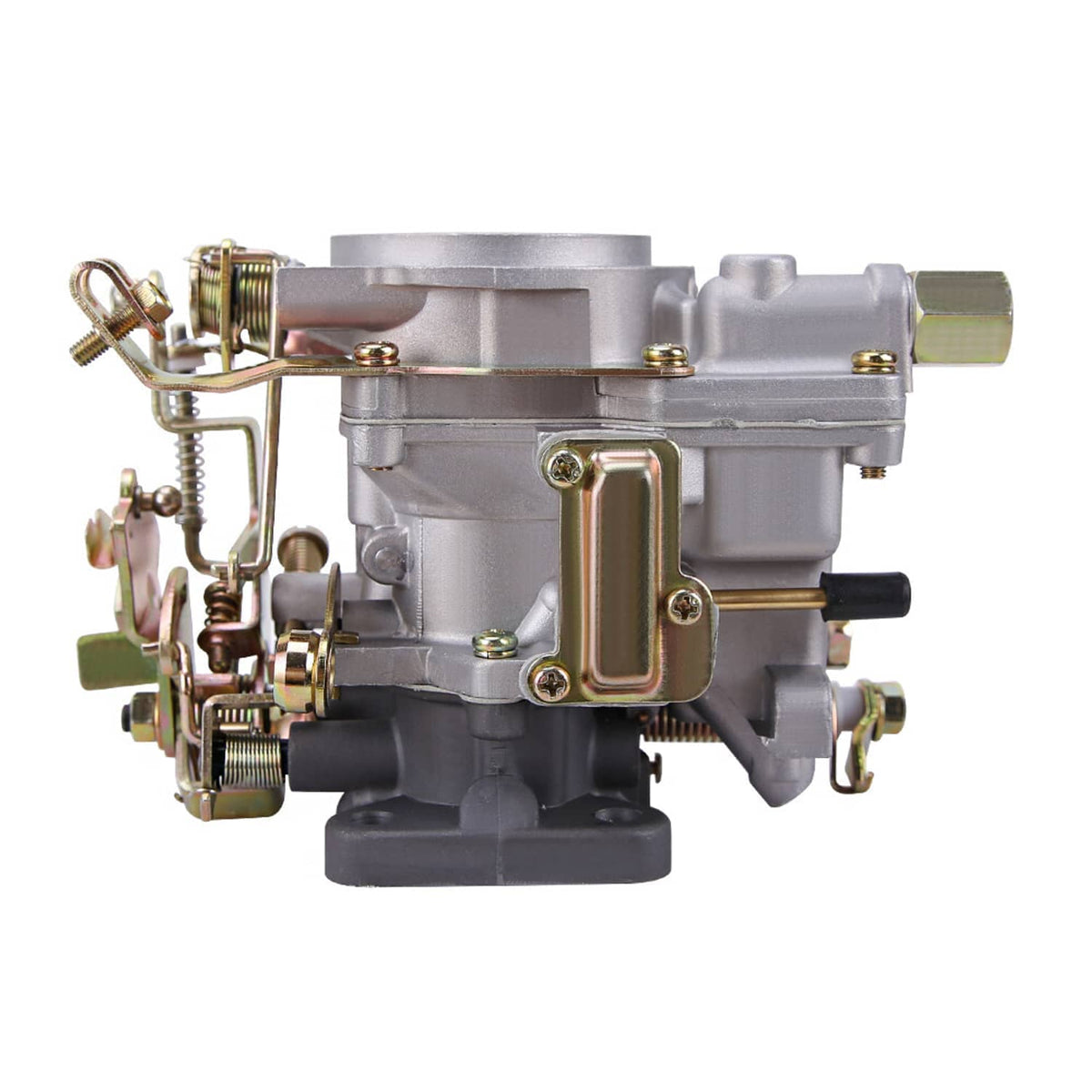 Rear 3/4 carburetor view with circular top opening, linkage parts, and silver casing