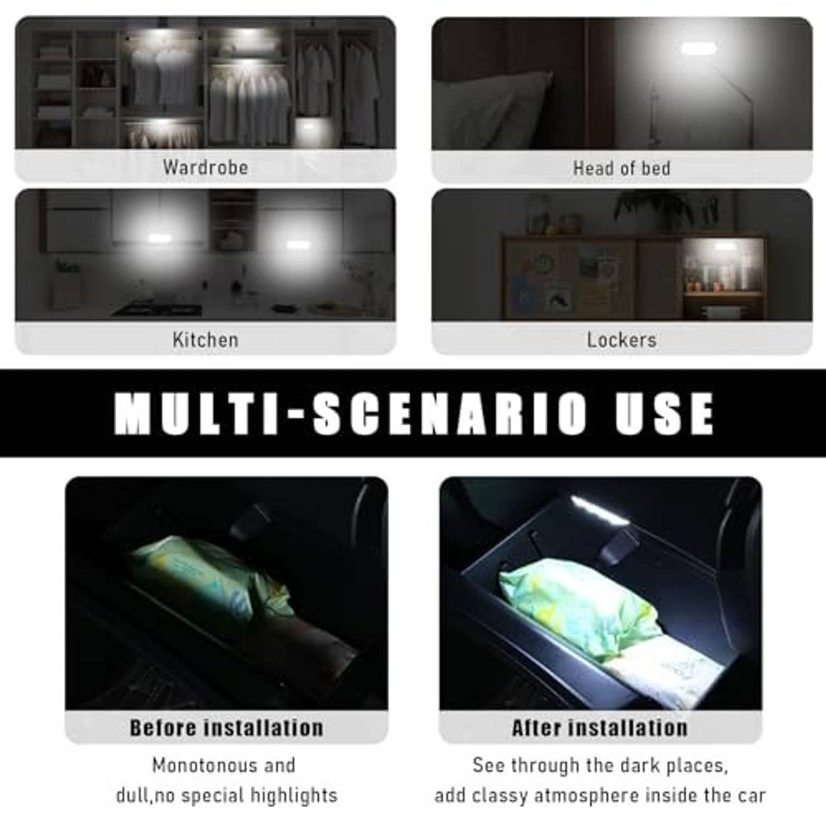 Set of 4 magnetic LED interior lights showing bright illumination across car areas