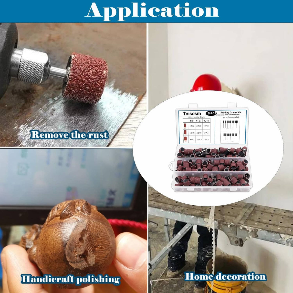Sanding drum set with red abrasive sleeves and metal mandrels for home polishing