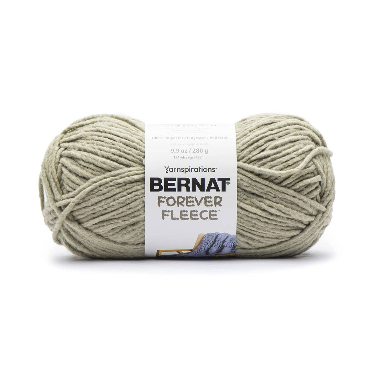 Bernat Forever Fleece yarn skein, light gray sage, super bulky label on center