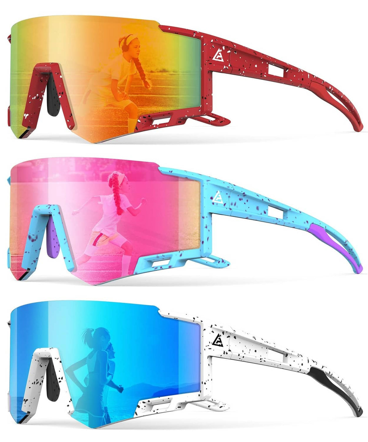 Kids sports sunglasses 3-pack with orange, pink, and blue mirrored lenses