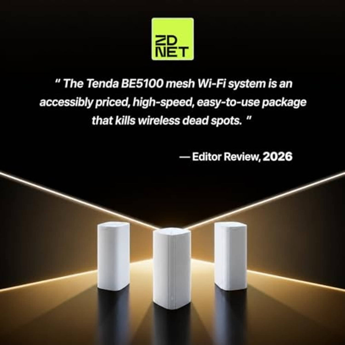 Three white mesh WiFi router nodes on a glossy dark base with a bright ring glow