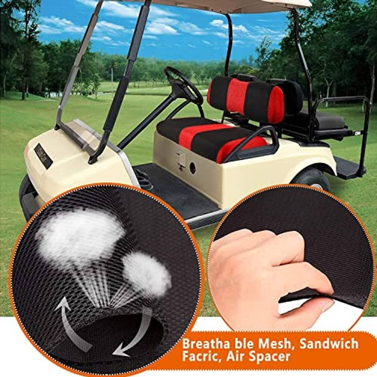 Red and black seat covers with breathable mesh, showing air-spacer fabric close-up