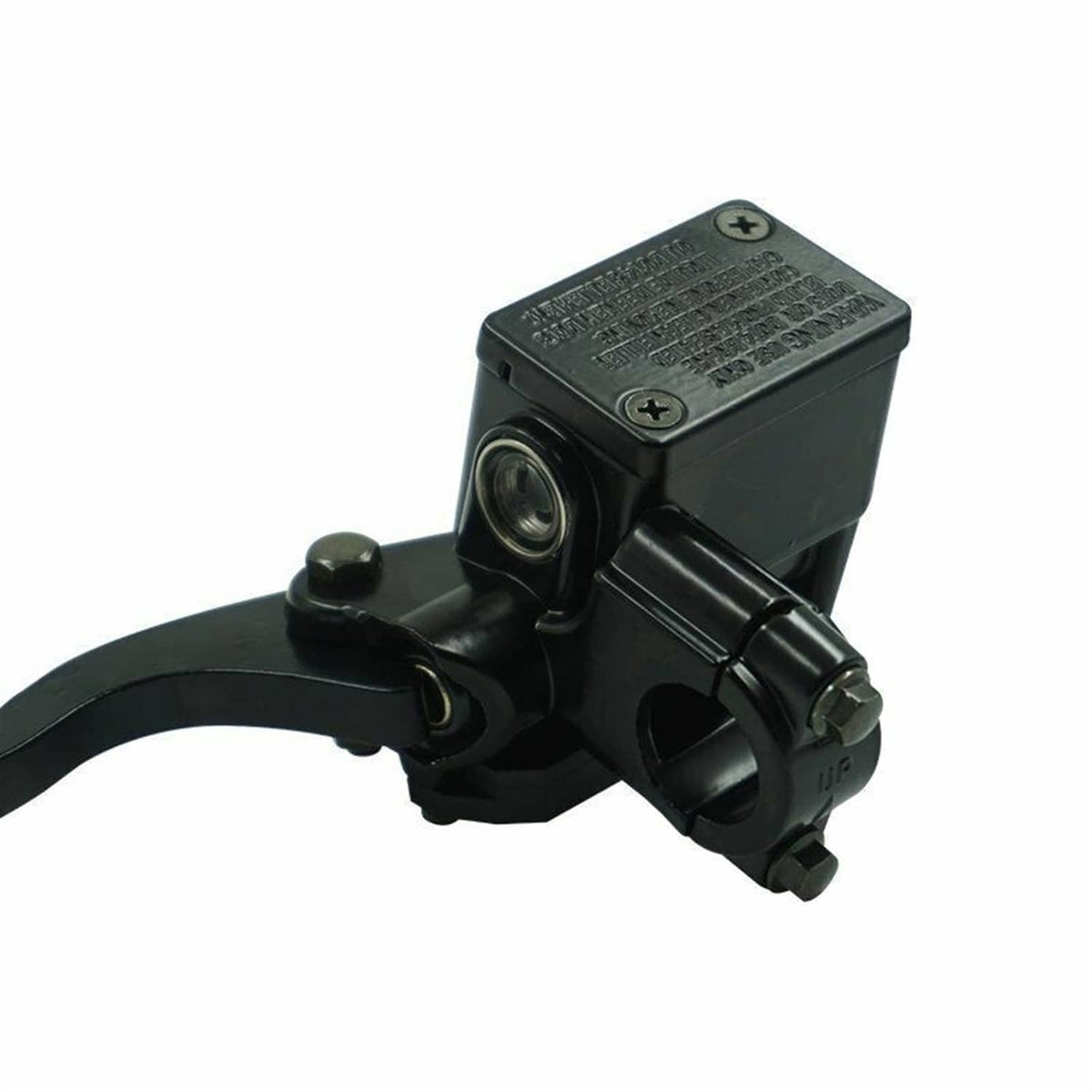 Left front brake master cylinder, front view with black reservoir and lever