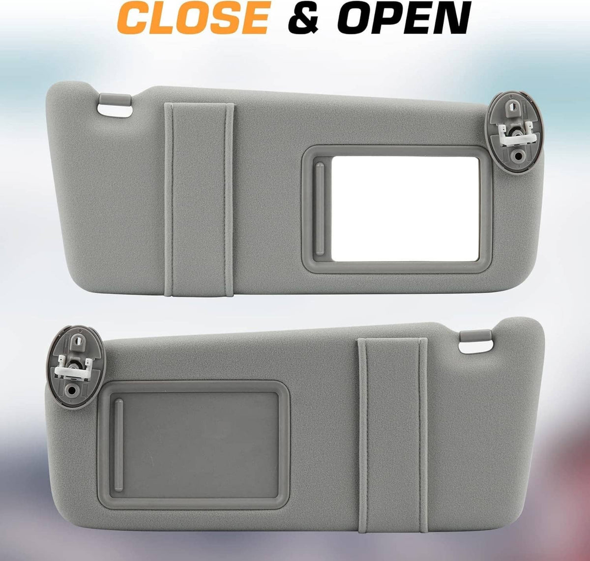 Gray sun visor pair, front and back views, with rectangular mirror window