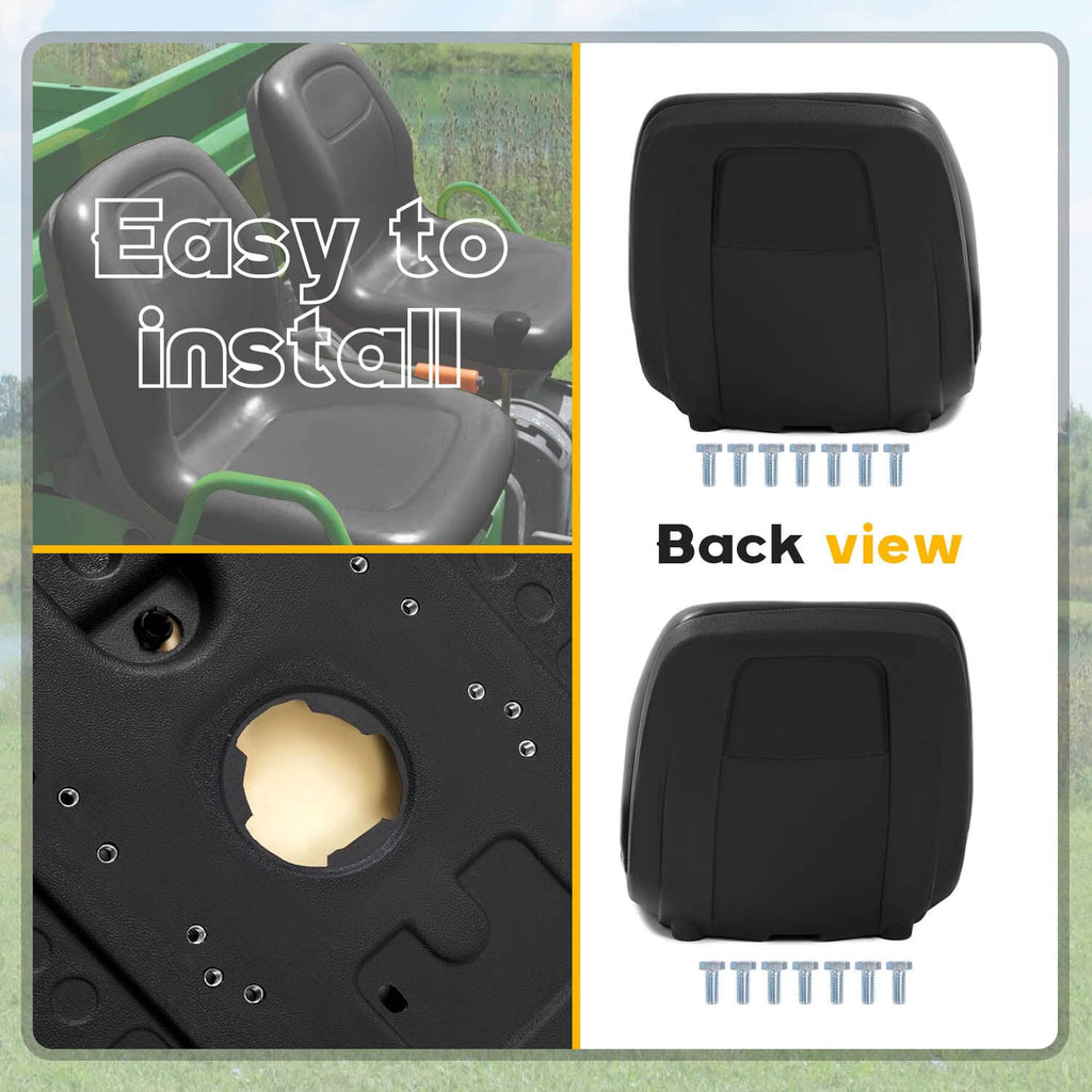 Black seat cushion with back view and mounting-hole pattern detail