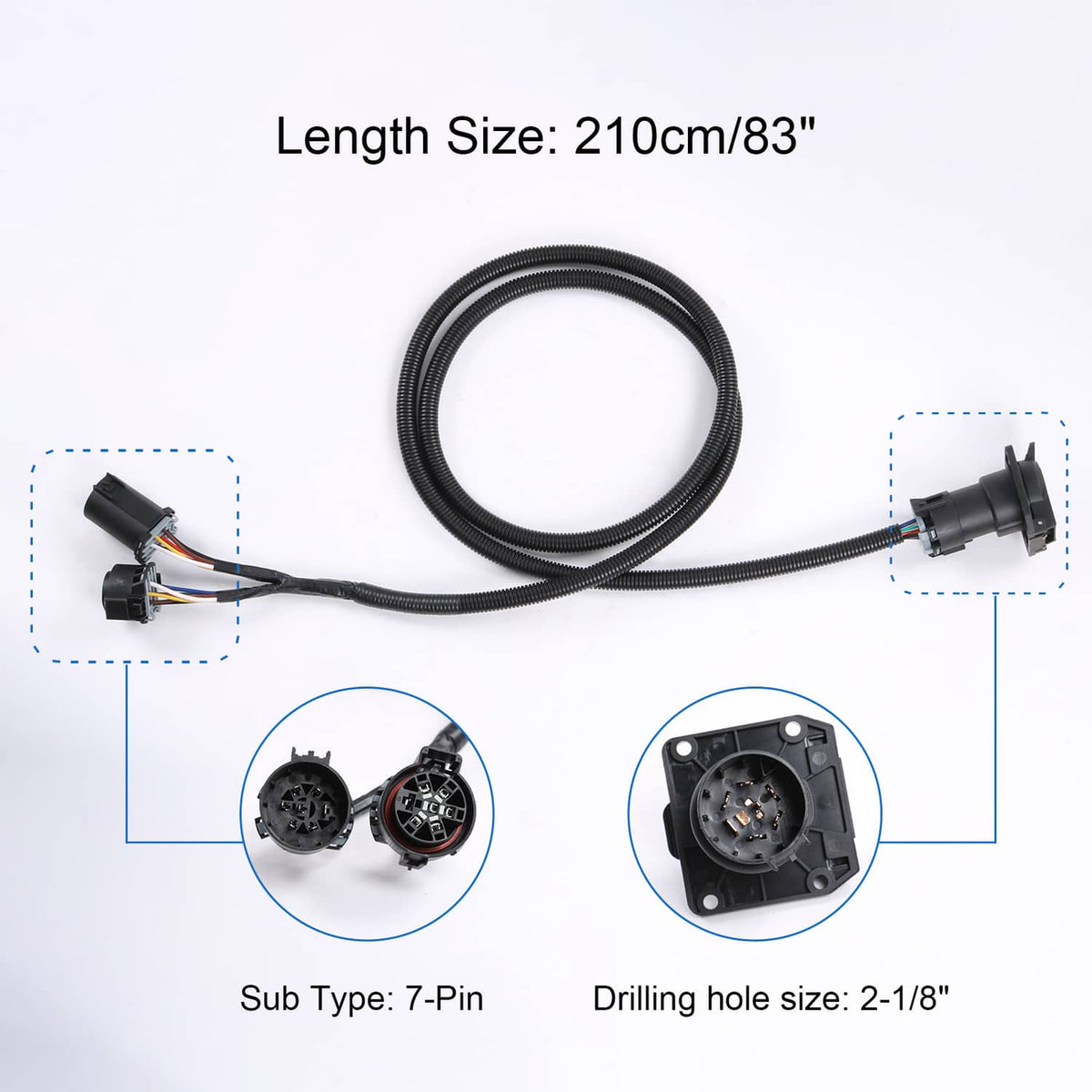 Black 7-pin connector wiring harness extension cable with two round plug ends and mounts