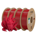 Fire engine red PLA filament spools on round cardboard reels, with a red 3D character.
