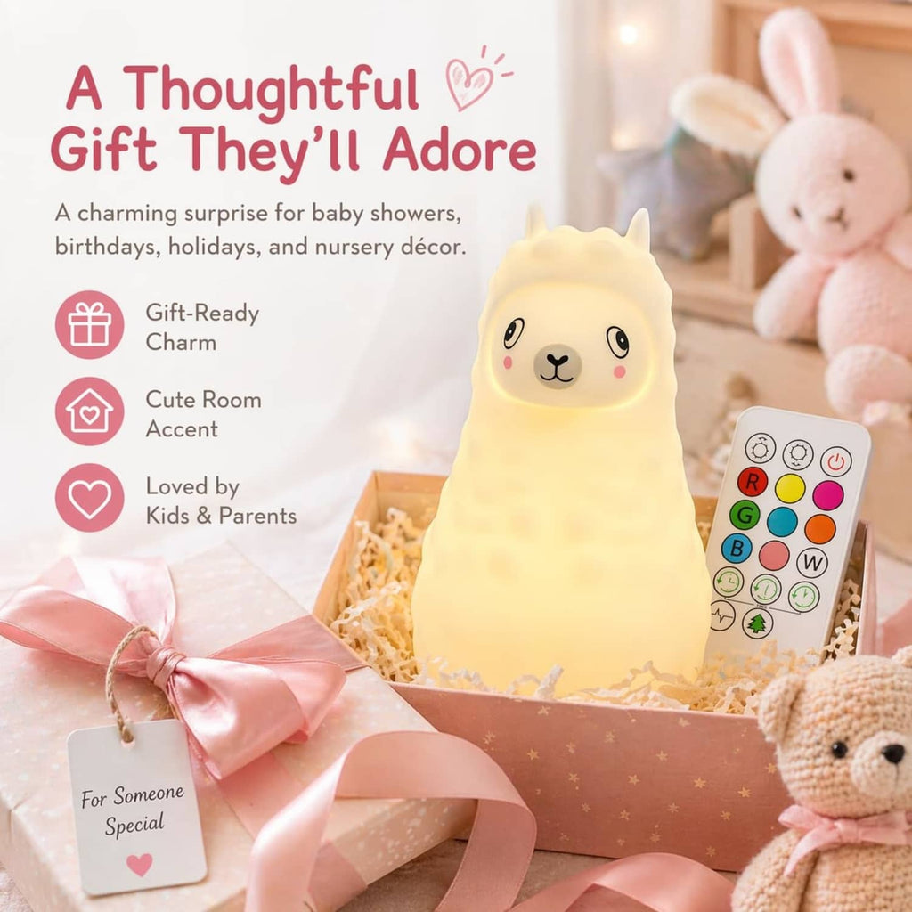 Cream llama LED night light with white remote controller featuring color buttons