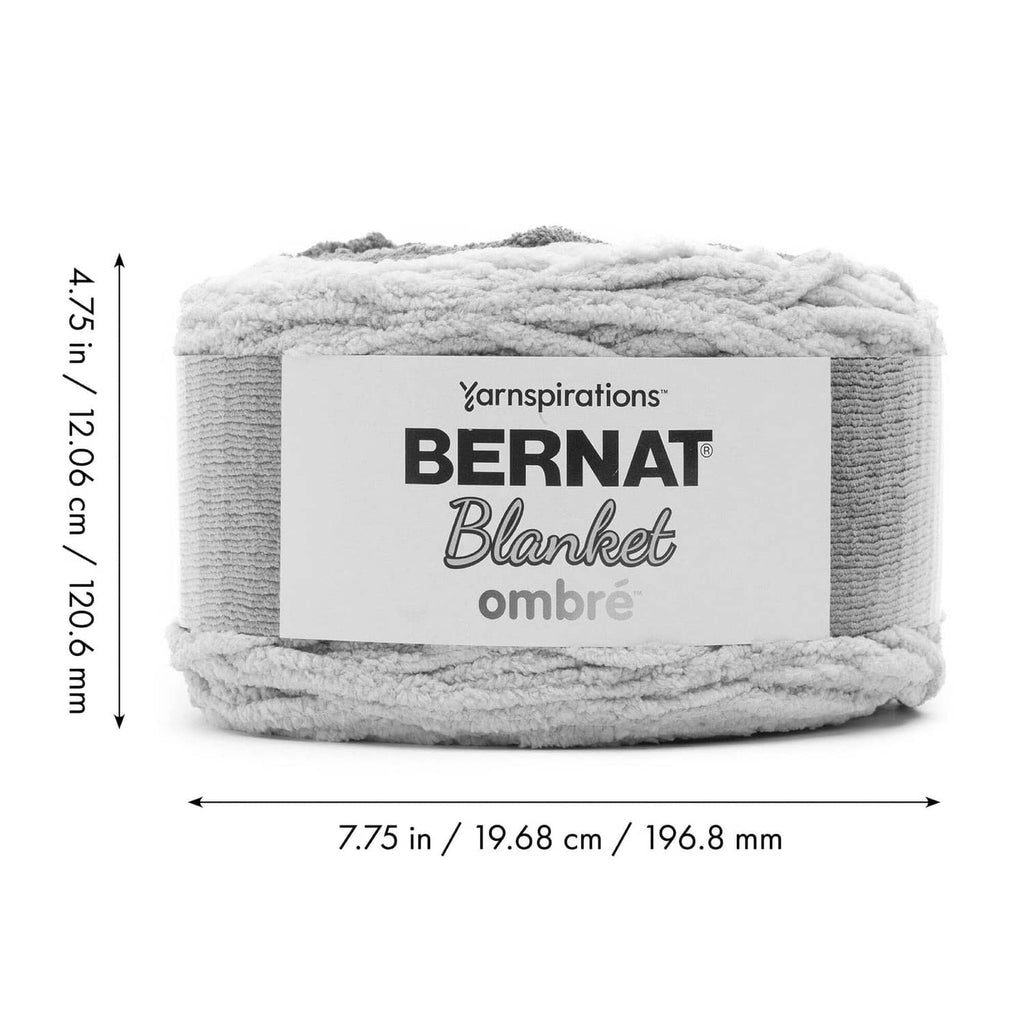 White blanket ombre yarn skein with label and size dimensions, super bulky