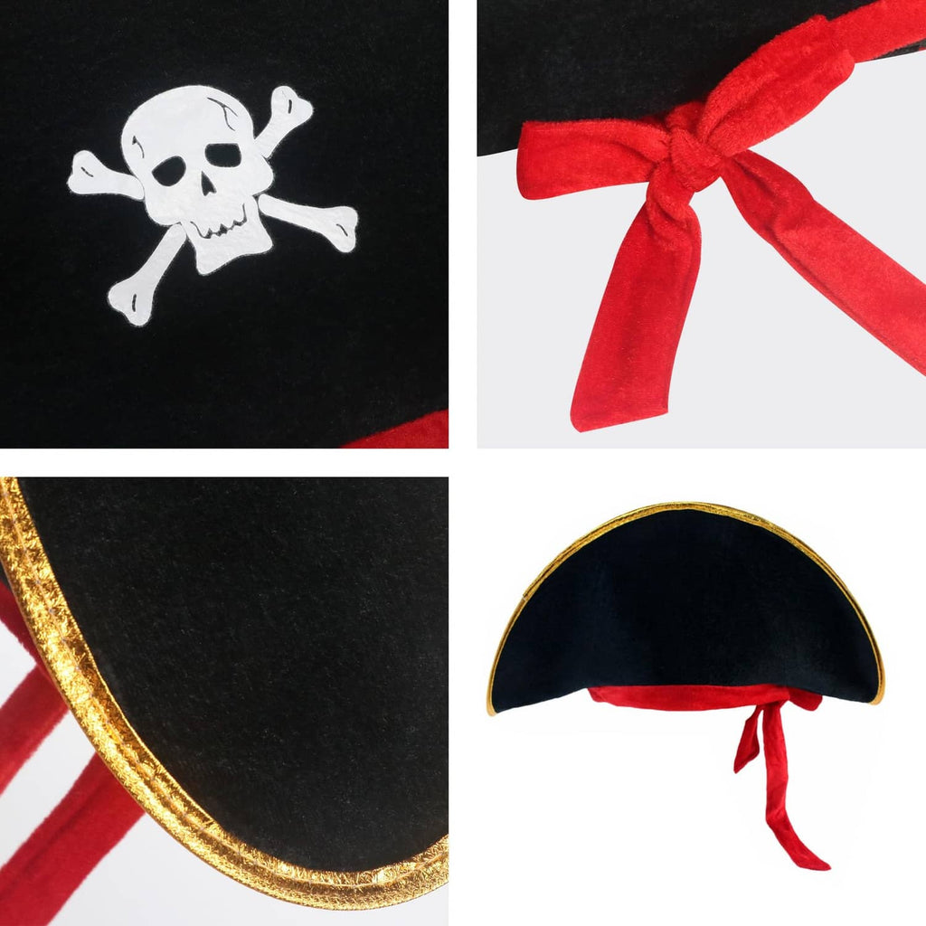 Pirate tricorn hat close-up: white skull print, gold trim edge, red band and bows
