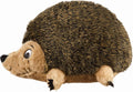 Large plush hedgehog dog toy with dark brown spiky body and tan snout face