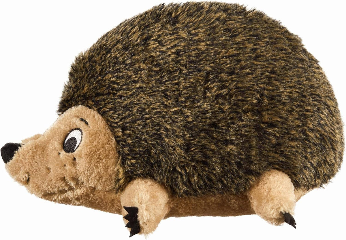 Large plush hedgehog dog toy with dark brown spiky body and tan snout face