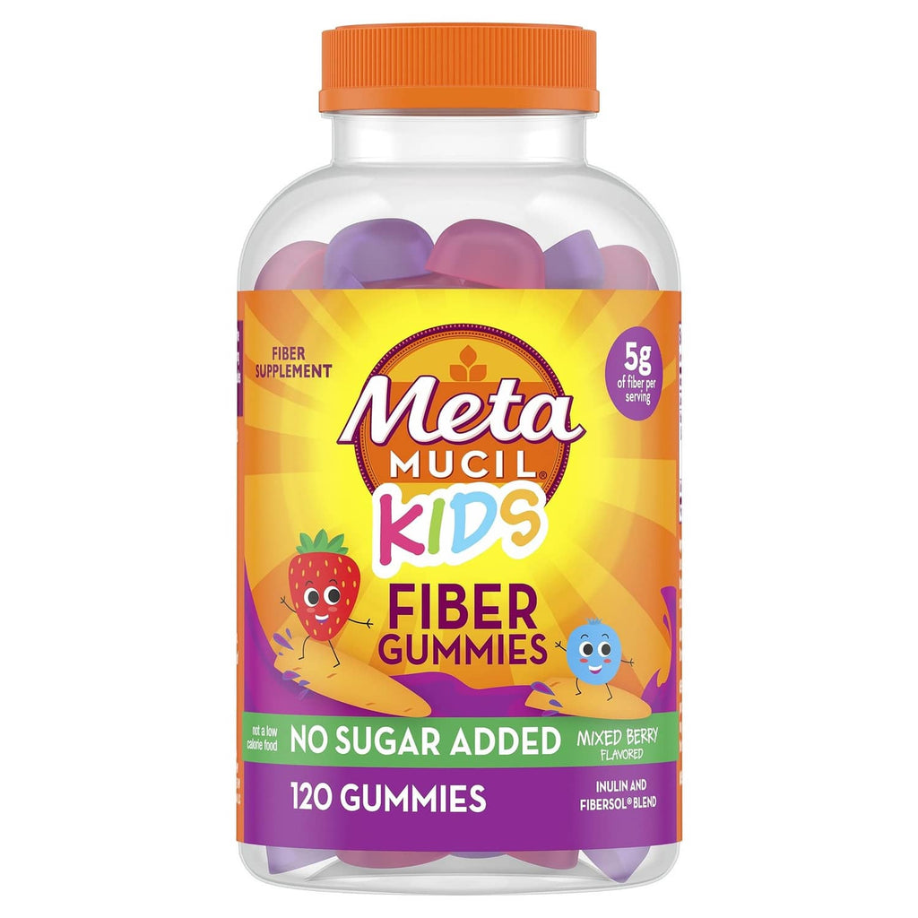Metamucil Kids Fiber Gummies bottle with orange cap, no sugar added, mixed berry flavor.