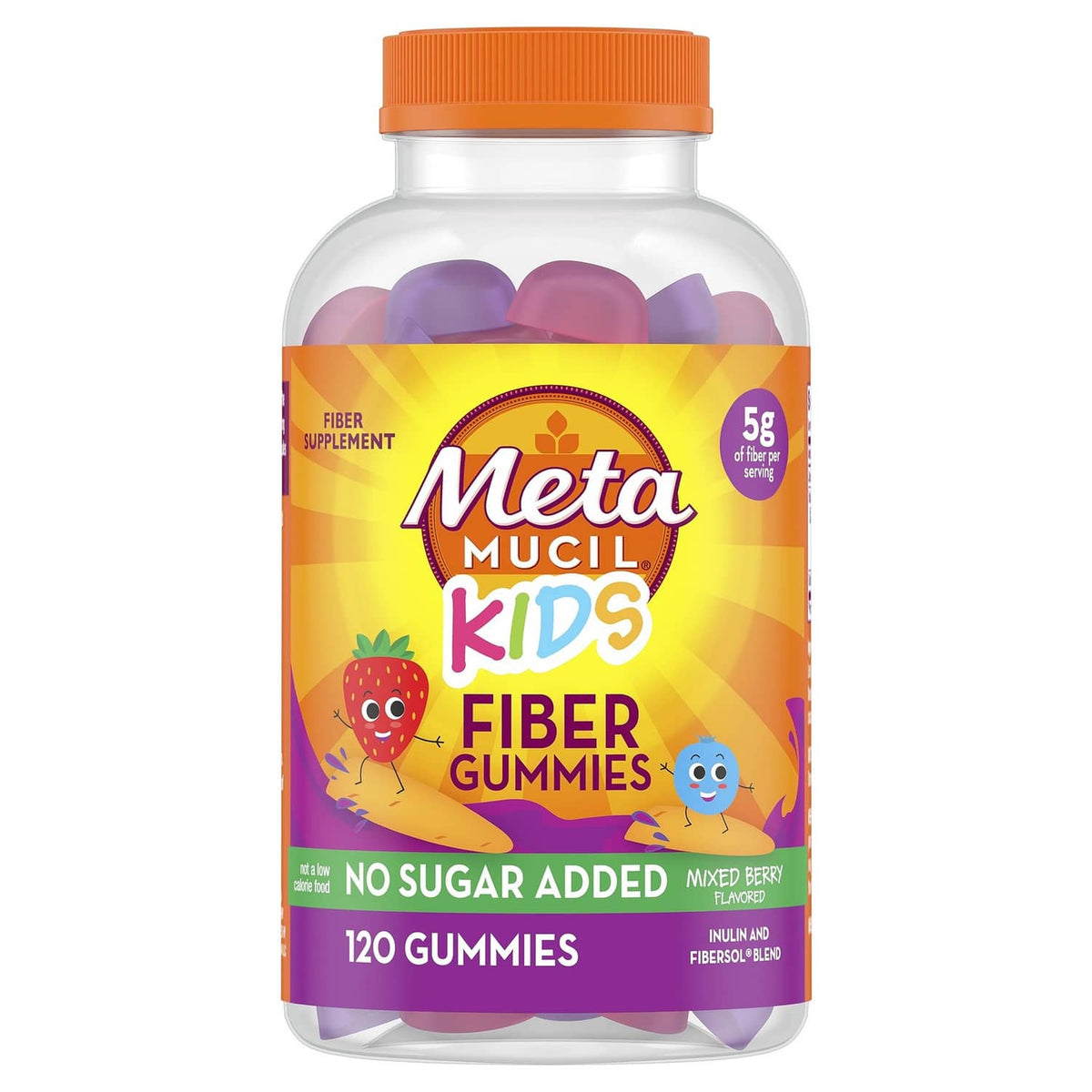 Metamucil Kids Fiber Gummies bottle with orange cap, no sugar added, mixed berry flavor.
