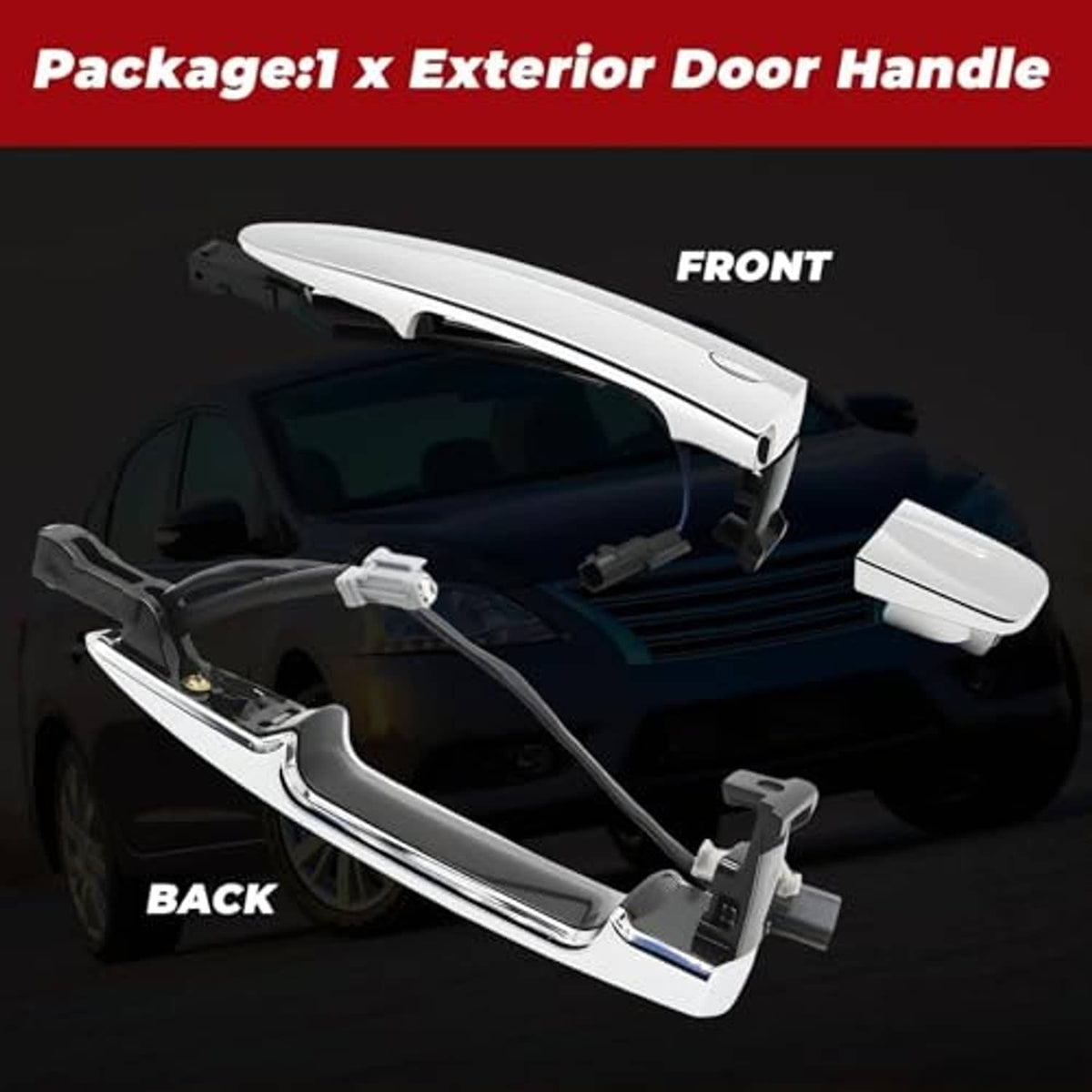 Exterior door handle set with front and back pieces, silver levers and black supports
