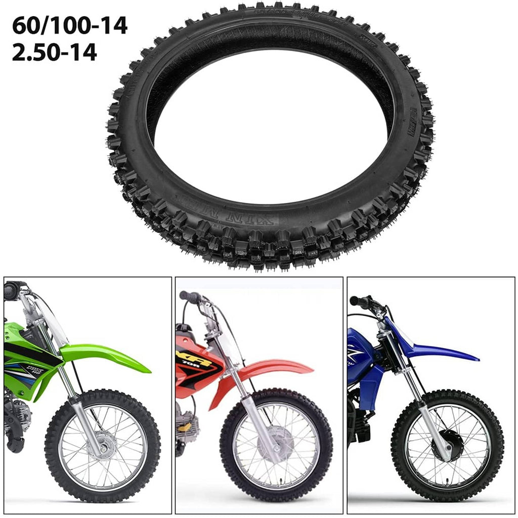 Knobby tire with markings 60/100-14 and 2.50-14 on the sidewall.